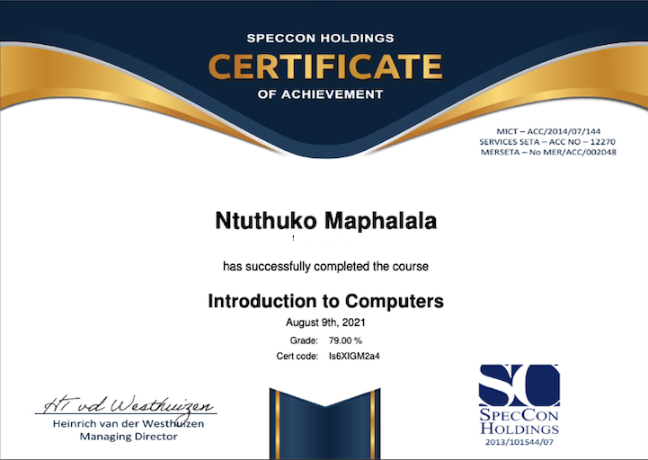 SPECCON Holdings Certificate