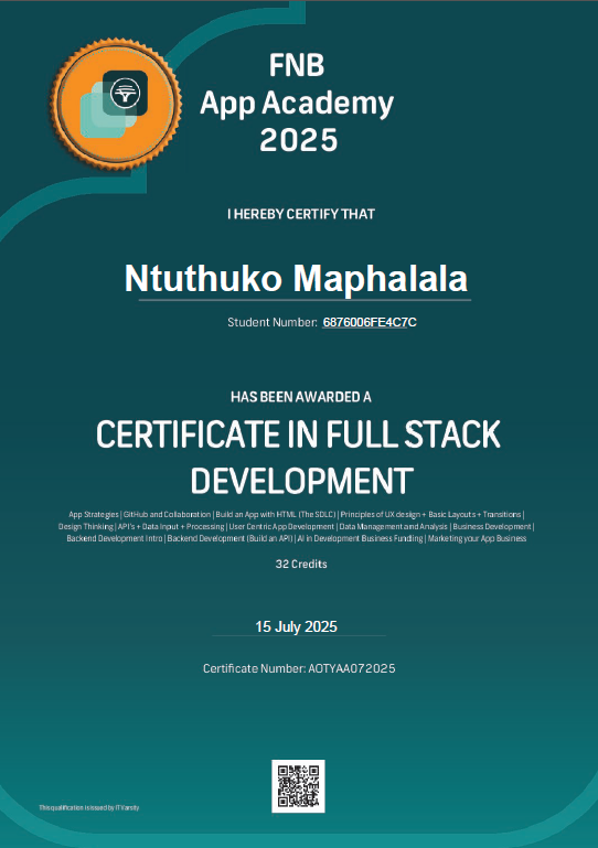 FNB App Academy 2025 Certificate